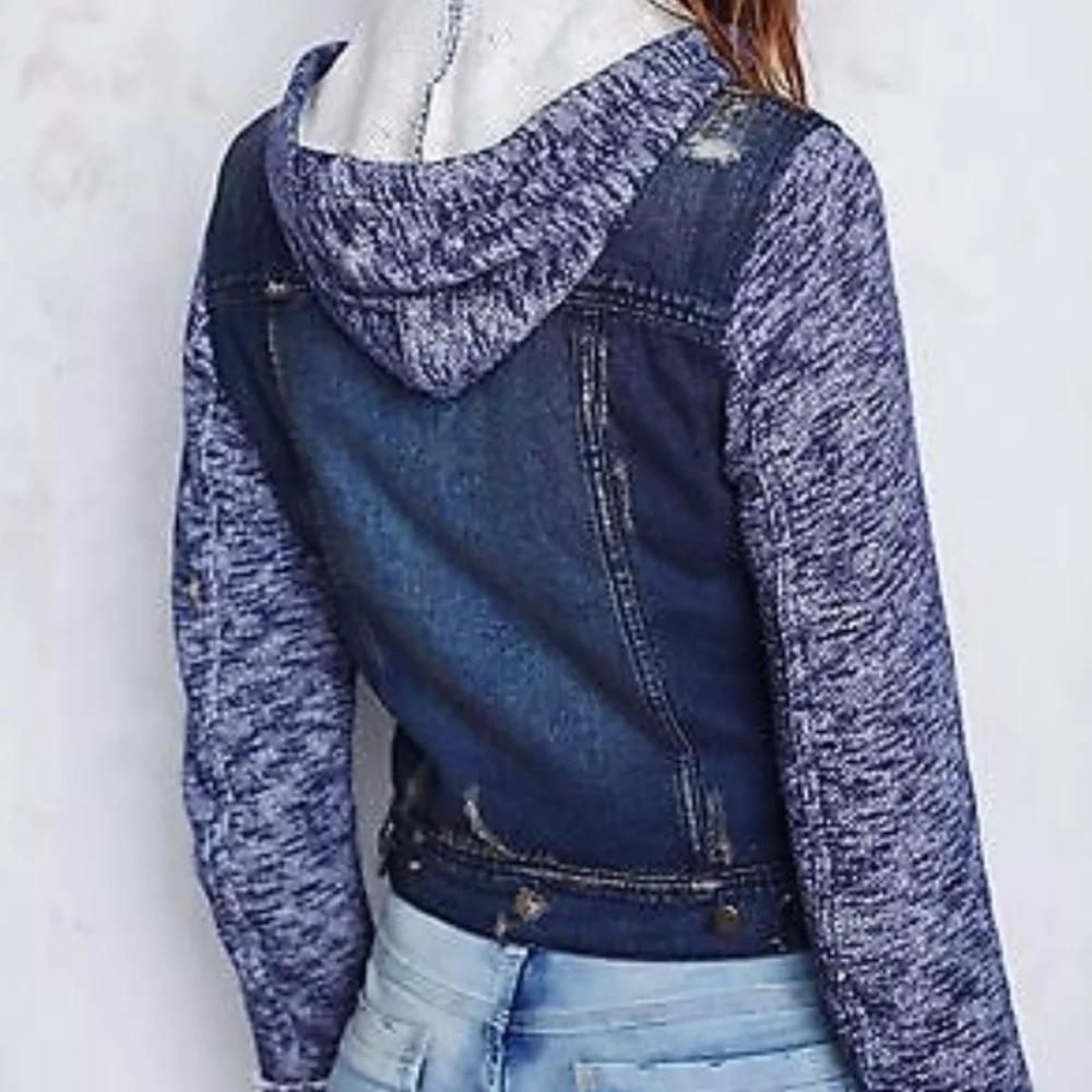 Free People denim jacket with fabric hoodie and sleeves NWT - Picture 3 of 5
